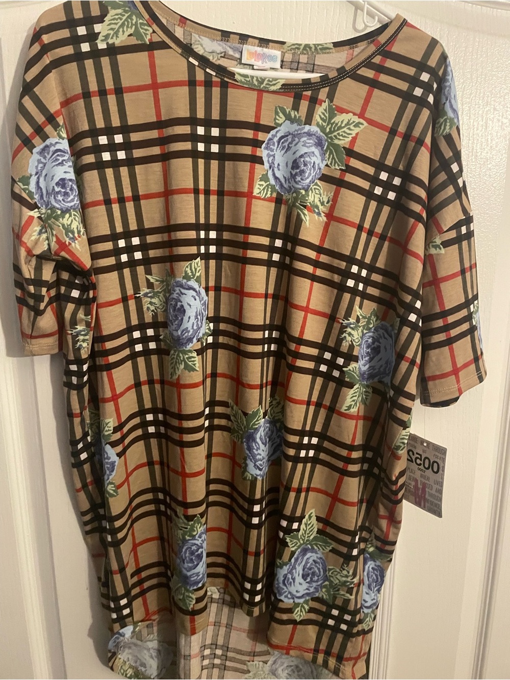 LuLaRoe Beige Plaid Short Sleeve Tee with Blue Floral Print